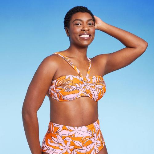 Size M Women's Tropical Print Bralette Bikini Top - Kona Sol™ Orange