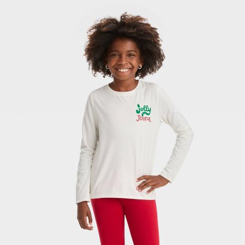 SIZE 6-7. Girls' Long Sleeve 'Jolly and Joyful' Graphic T-Shirt - Cat & Jack™ Off-White S