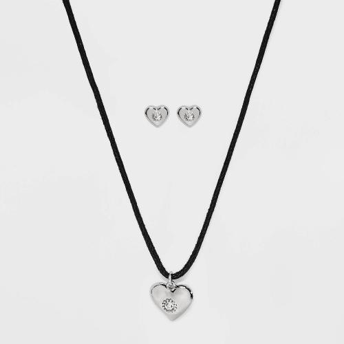Heart Cord and Ear Pendant Necklace Set 2pc - Wild Fable Black/Silver