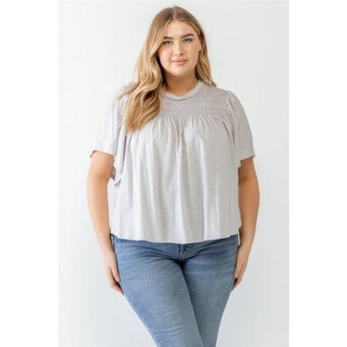Plus Grey Cotton Blend Smoked Short Sleeve Top Lavender 1XL