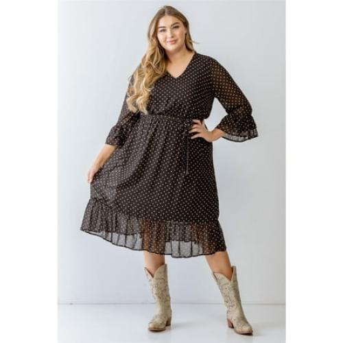 Plus Black Print Belted Flare Hem MIDI Dress Black 1XL