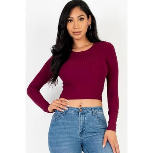 Capella Long Sleeve Round Neck Basic Crop Top Burgundy M