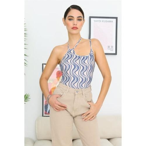 Cream & Blue Wave Print Mesh Asymmetrical Neck Self-tie Strap Bodysuit Cream Taupe L