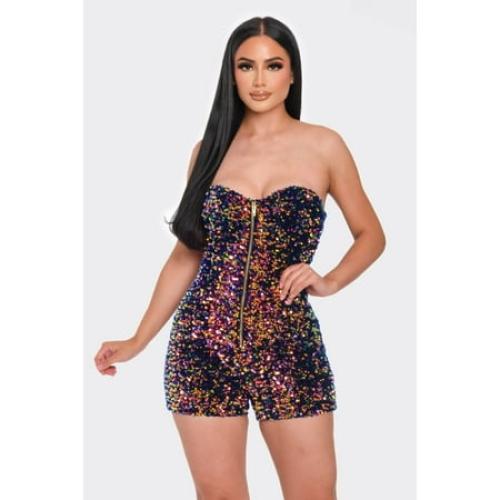 Multi Sequins Tube Top Romper Navy Gold Small