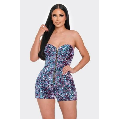 Multi Sequins Tube Top Romper Blue Pink M