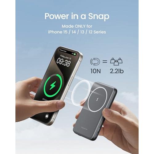 INIU for MagSafe Battery Pack, Slim 6000mAh 20W Magnetic Portable Charger with Foldable Stand, USB-C in&Out Wireless Power Bank, Only for iPhone 15/15