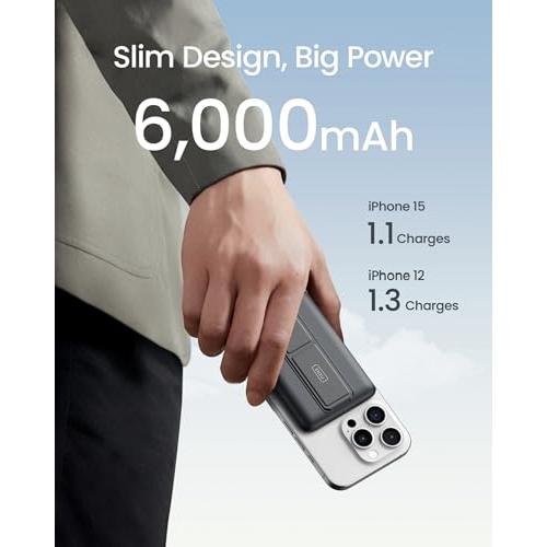 INIU for MagSafe Battery Pack, Slim 6000mAh 20W Magnetic Portable Charger with Foldable Stand, USB-C in&Out Wireless Power Bank, Only for iPhone 15/15