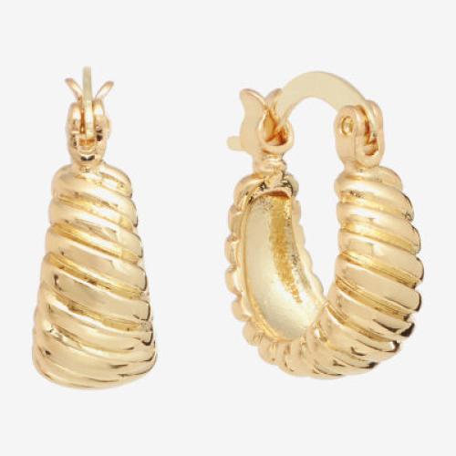 Gold Silver Reflections Huggie Ribbed 24K Gold Over Brass Hoop Earrings