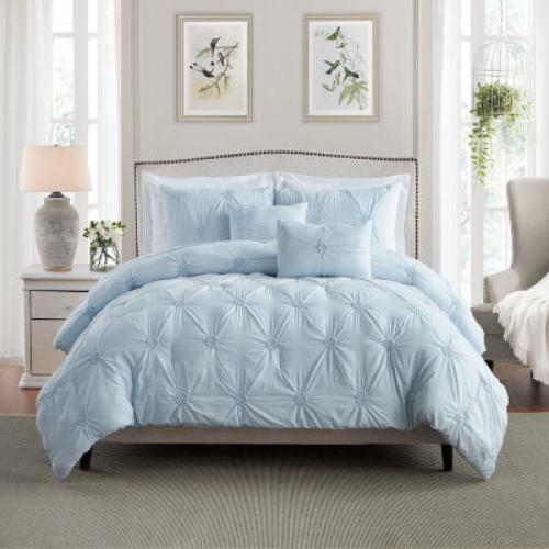 Size Twin Color Blue Swift Home Luxurious Ruched 3d Floral Pintuck Sham And Midweight Down Alternative Comforter Set
