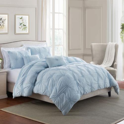 Size Twin Color Blue Swift Home Luxurious Ruched 3d Floral Pintuck Sham And Midweight Down Alternative Comforter Set