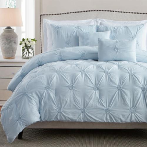 Size Twin Color Blue Swift Home Luxurious Ruched 3d Floral Pintuck Sham And Midweight Down Alternative Comforter Set