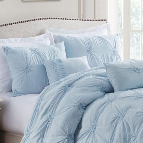 Size Twin Color Blue Swift Home Luxurious Ruched 3d Floral Pintuck Sham And Midweight Down Alternative Comforter Set