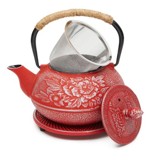 Cast Iron Teapot With Infuser, Japanese Tea Kettle (red, 3 Pcs, 27 Oz, 800 Ml)