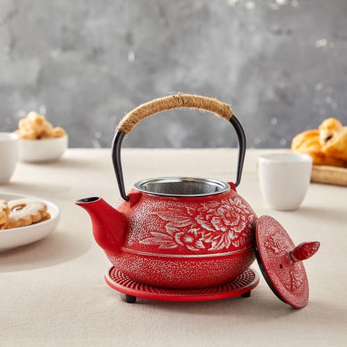 Cast Iron Teapot With Infuser, Japanese Tea Kettle (red, 3 Pcs, 27 Oz, 800 Ml)