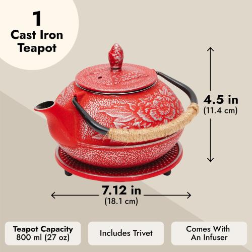 Cast Iron Teapot With Infuser, Japanese Tea Kettle (red, 3 Pcs, 27 Oz, 800 Ml)