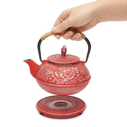 Cast Iron Teapot With Infuser, Japanese Tea Kettle (red, 3 Pcs, 27 Oz, 800 Ml)