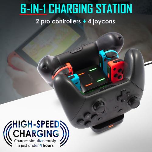 Insten 6-in-1 Charging Station Compatible with Nintendo Switch and OLED Model Console, Joycon & Pro Controller, with LED Indicator, Fast USB-C Charger Dock Stand