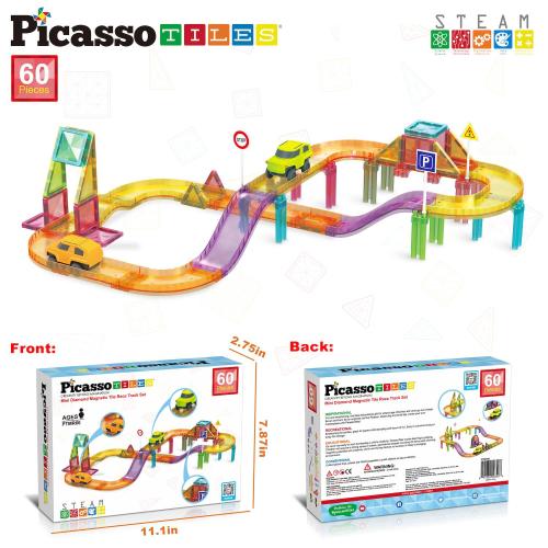 PicassoTiles 60pc Magnet Tile Race Track Set LED Car Travel Size-PTMR60