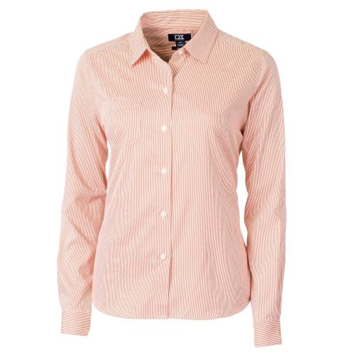 Size large Color Purple and White Cutter & Buck Versatech Pinstripe Stretch Womens Long Sleeve Dress Shirt