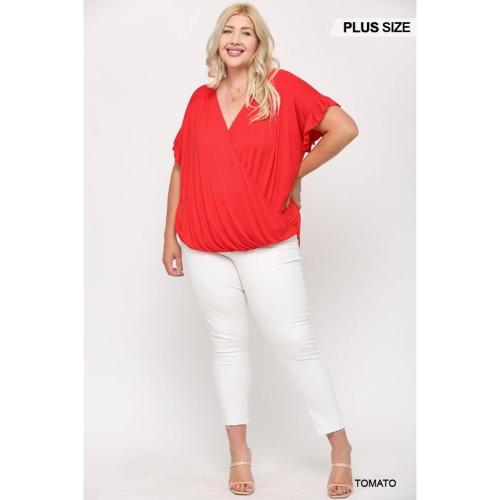 Solid Viscose Knit Surplice Top With Ruffle Sleeve blue