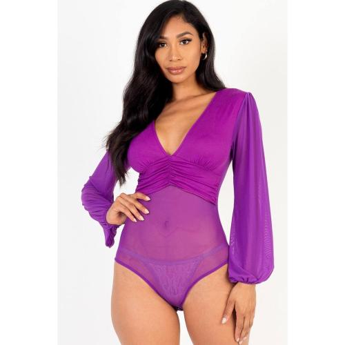 Size Medium Color Blue Royal Mesh Long Sleeve Deep V-neck Bodysuit
