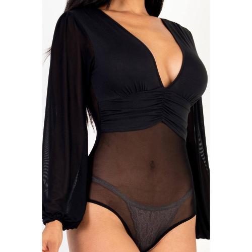 Size Medium Color Blue Royal Mesh Long Sleeve Deep V-neck Bodysuit