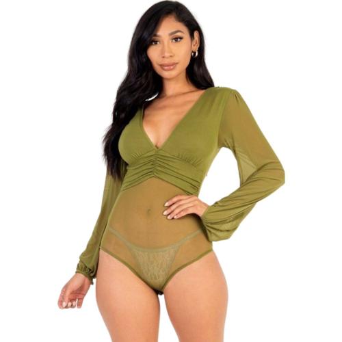 Size Medium Color Blue Royal Mesh Long Sleeve Deep V-neck Bodysuit