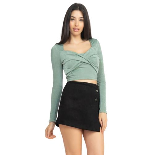 Size Large Color Green Twisted Velvety Long Sleeve Crop Top