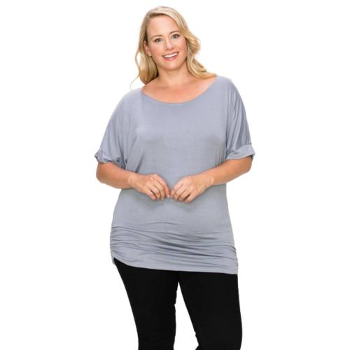 2XL Grey Short Sleeve Top Featuring A Round Neck And Ruched Sides