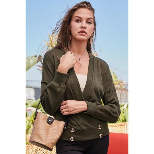 Overwrap Front Button Detail Long Sleeve Knit Top Size L