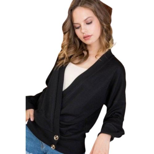 Overwrap Front Button Detail Long Sleeve Knit Top Size L