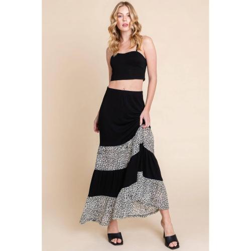 Long Tiered Contrast Fashion Skirt With Velvet Animal Print Mesh Large