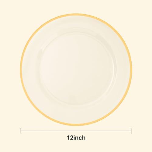 BESTSTAR 50 Pack 12 Inch Clear Charger Plates with Gold Rim | Disposable Plastic Table Decor Set for Party, Wedding, Dinner & Special Events