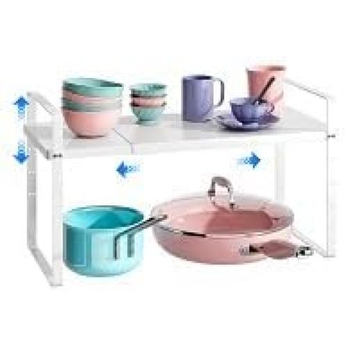 Expandable Cabinet Shelf Organizer, Stackable Kitchen Pantry Counter Storage, Adjustable Closet Cupboard Stand Rack Risers Spice Organization 80LBS Heavy Duty White Small 1 Pack