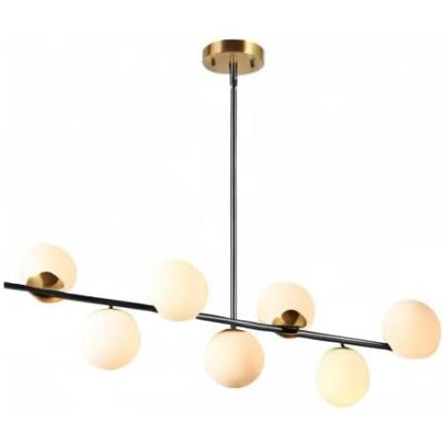 KCO Lighting Black and Brass Linear Pendant Light Mid Century Modern Sputnik Chandelier 7 Lights Milk Glass Globe Kitchen Island Pendant Lighting for Dining Room Living Room
