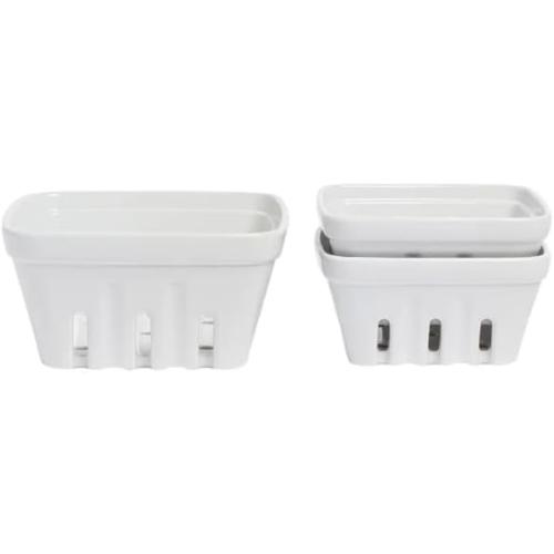 Over&Back 3-Piece Multipurpose Berry Baskets (White) - Stackable Stoneware Fruit Bowls with Integrated Colander Strainer Holes - Farmhouse Kitchen Decor, Reusable Produce Saver