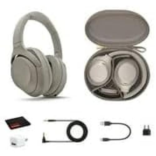 Sony WH-1000XM4 Wireless Noise Canceling Overhead Headphones with Mic for Phone-Call, Voice Control, Silver, with USB Wall Adapter and Microfiber Cleaning Cloth - Bundle