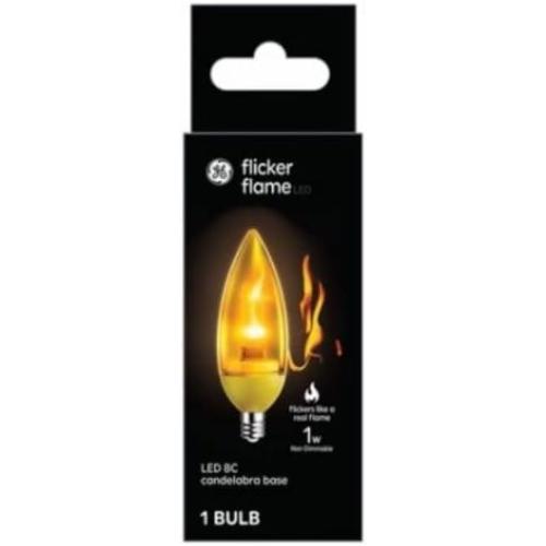 GE Lighting 93130689 LED Bullet Shape Light Bulb, Flicker Flame, Candelabra Base, 1 Watt - Quantity 1
