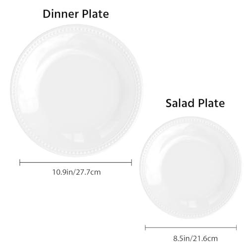 11inch Basic White Melamine Plastic Beaded Dinner Plate Set of 6, BPA Free, Chip & Break Resistant, Lightweight, Great for Dining, Weddings & Everyday Meals