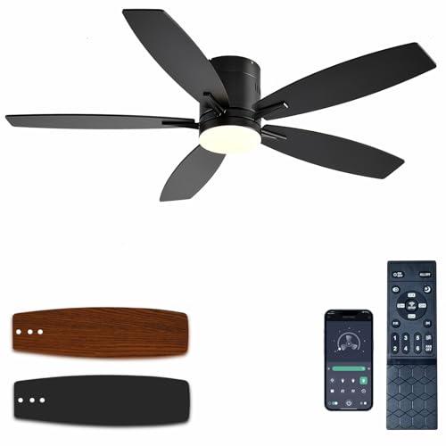 Ceiling Fans with Lights, 52 Low Profile Indoor Ceiling Fan with Light and Remote Control, Dimmable, Noiseless, Reversible, Black Ceiling Fan for Bedroom, Indoor/Outdoor Use