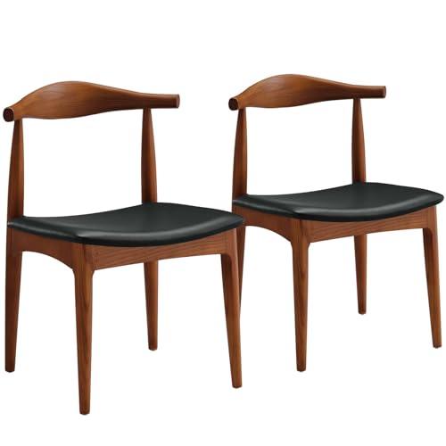 Solid Wood Dining Chairs Set of 2, Mid Century Dining Chairs, Upholstered PU Leather Chairs with Wide Curved Backrest, Chairs for Dining Room, Kitchen, Walnut Finish