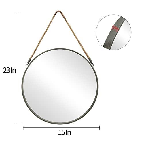POZINO Round Mirror, Rope Hanging Mirror, 15 Inch Farmhouse Circle Wall Mirror for Bathroom Bedroom Living Room Entryway Home Decor, Grey