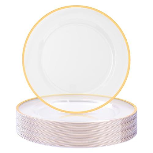 BESTSTAR 50 Pack 12 Inch Clear Charger Plates with Gold Rim | Disposable Plastic Table Decor Set for Party, Wedding, Dinner & Special Events