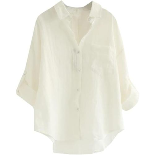 SizeL... lMinibee Women'sLinen Blouse High Low Shirt Roll-Up Sleeve Tops