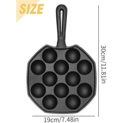 Anxingo Cast Iron Takoyaki Pan - 12 Hole Heavy Duty Square Cooking Plate Octopus Ball Maker 1.5 Half Sphere Takoyaki Maker for Baking Cooking