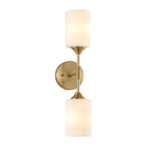 2-Lights Gold Wall Sconce with White Cylinder Glass Shades Modern Mid Century Bathroom Vanity Wall Light Fixtures Industrial Brushed Brass Wall Lamp for Bedroom Mirror Living Room Restaurant