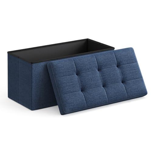 SONGMICS MAZIE Collection - 30 Inches Folding Storage Ottoman Bench, Ottoman Foot Rest, End of Bed Bench, Storage Chest, Load 660 lb, for Living Room, Bedroom, Entryway, Midnight Blue ULSF47IN