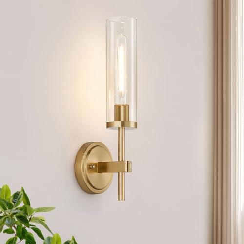 MOKATNG Hardwired Wall Sconces, Brushed Gold Bathroom Sconces with Clear Glass, Modern Wall Light Fixtures for Bathroom Mirror Vanity, Living Room, Bedroom, Hallway, Stairway, Cabinet, Foyer