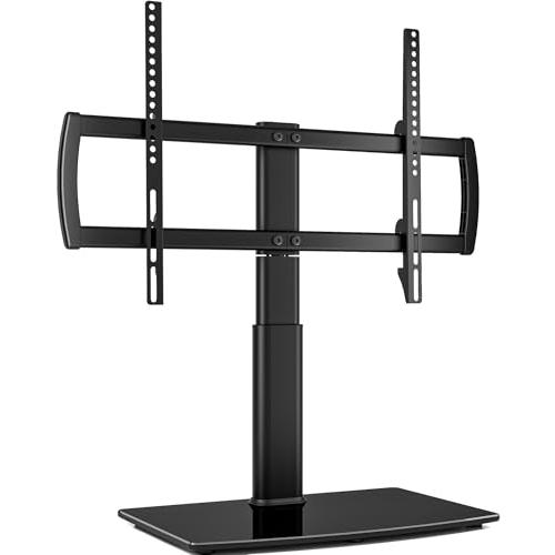 Universal Swivel TV Stand/Base Table Top TV Stand 32 to 65 inch TVs 80 Degree Swivel, 4 Level Height Adjustable, Heavy Duty Tempered Glass Base, Holds up to 88lbs Screens, HT04B-002