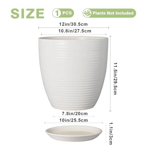 12 Inch Ceramic Planter Pot, Large Planter with Drainage Hole and Saucer Round Flower Pot for Indoor Outdoor Plants, White
